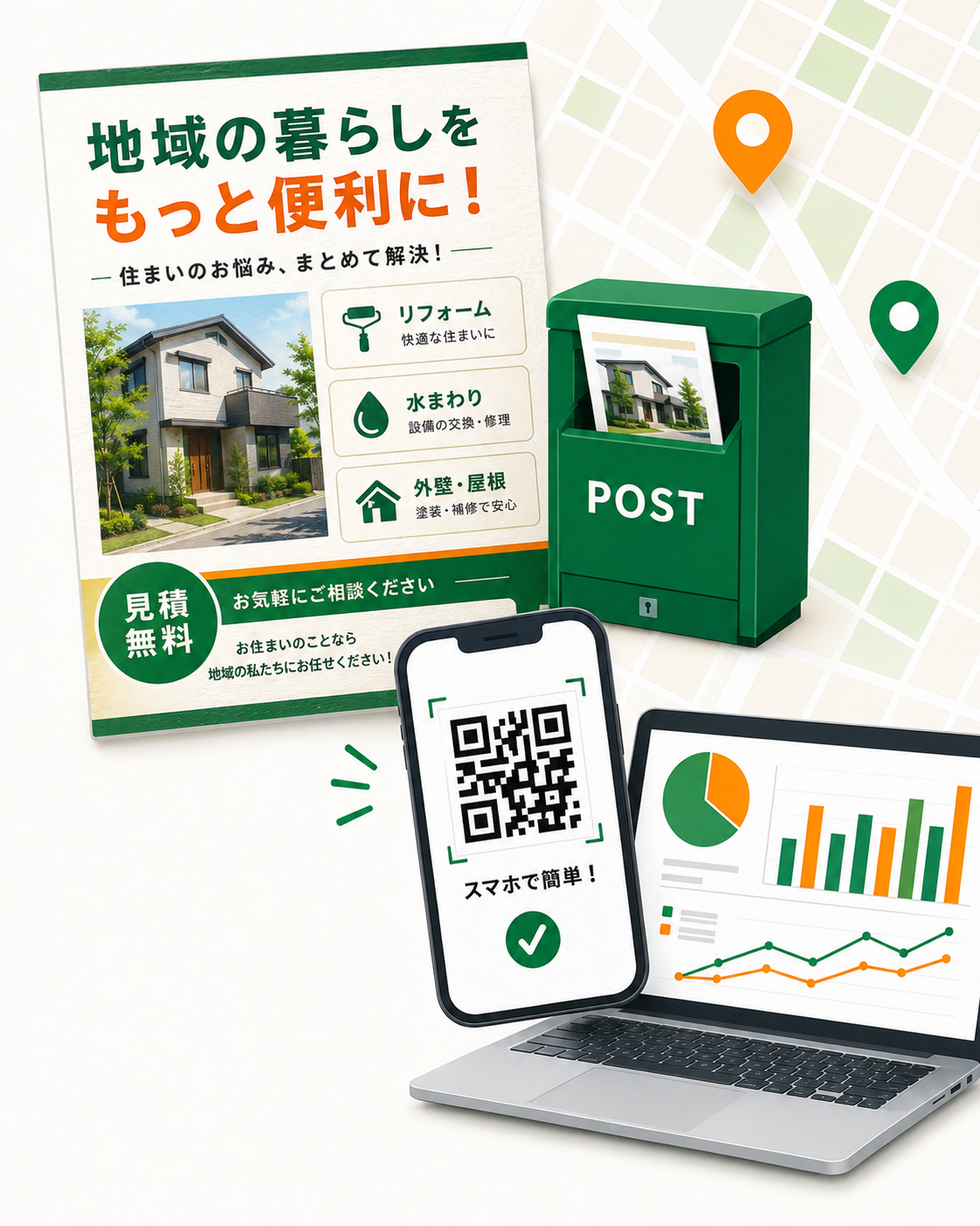 チラシ配布、QR読み込み、位置情報、分析レポートを表すイメージ